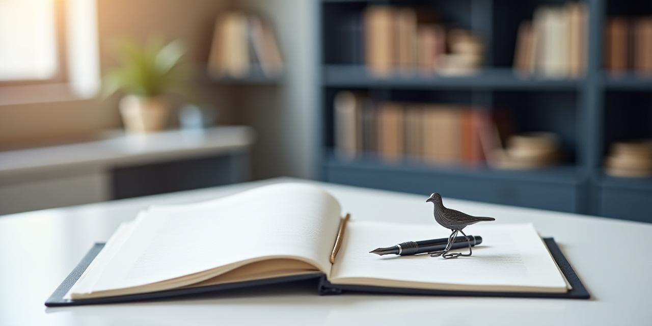 A clean, professional legal desk with bird-themed culinary books